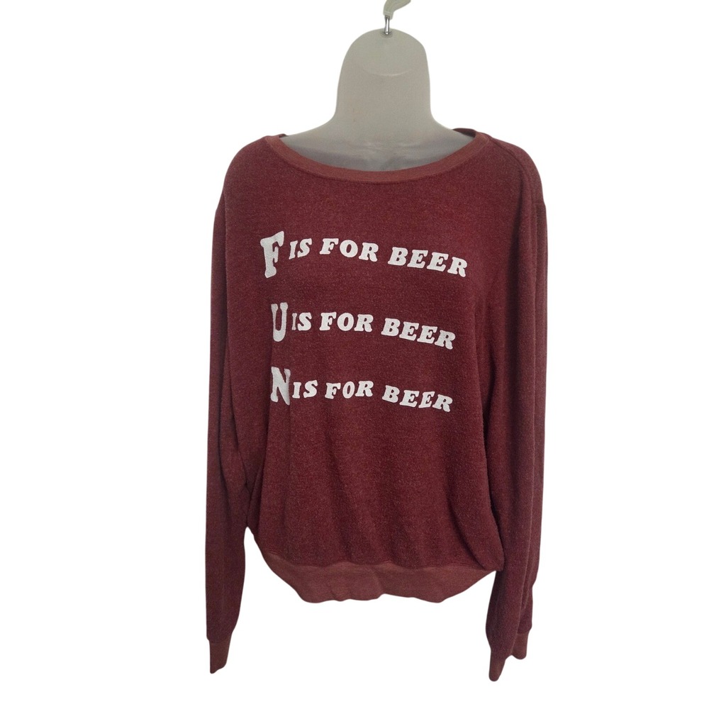 Wildfox F‎ is for Beer FUN Graphic Sweatshirt Rust Red Baggy Beach Jumper Large